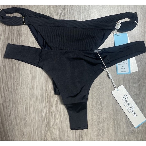 Beach Bunny Swimwear Bikini Bottoms Black‎ 2 Pair Zoey Zipper Rib Tide Skimpy 2X - Picture 1 of 9
